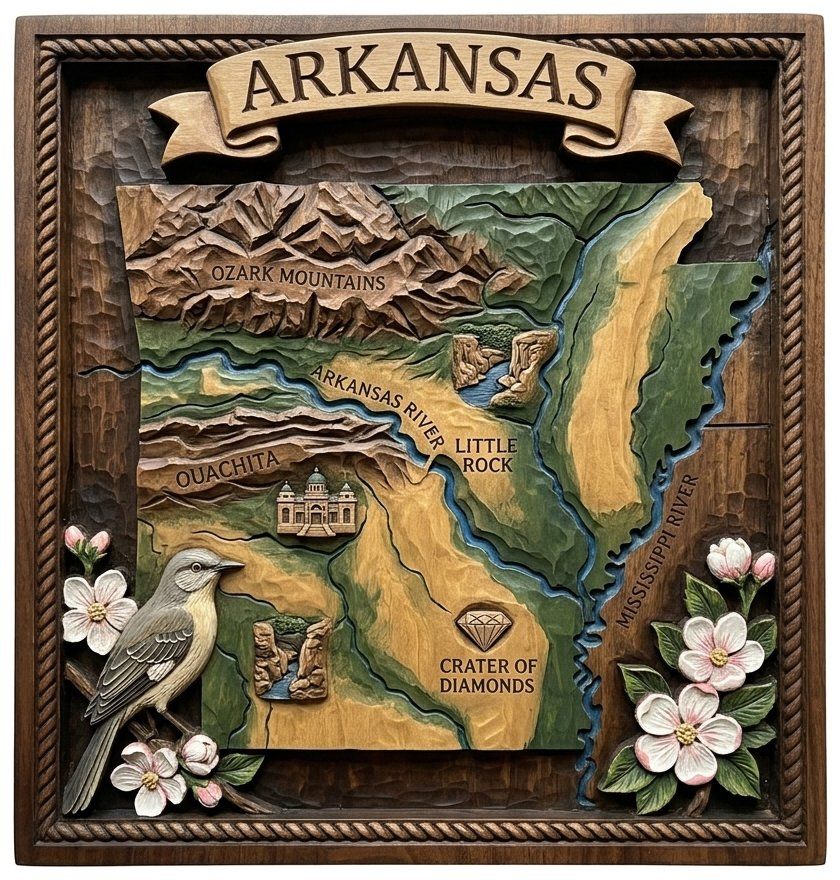 Arkansas State Heritage 3D Map Panel CNC Relief STL bas-relief STL — view 4