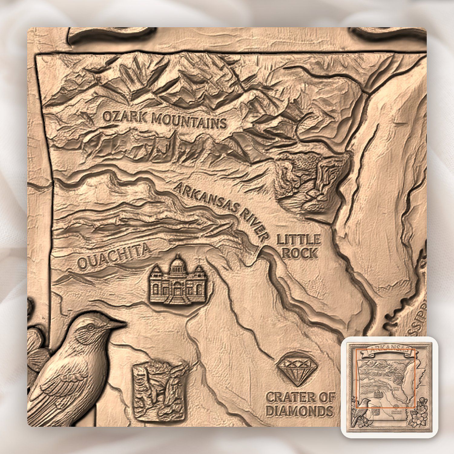 Arkansas State Heritage 3D Map Panel CNC Relief STL bas-relief STL — view 7