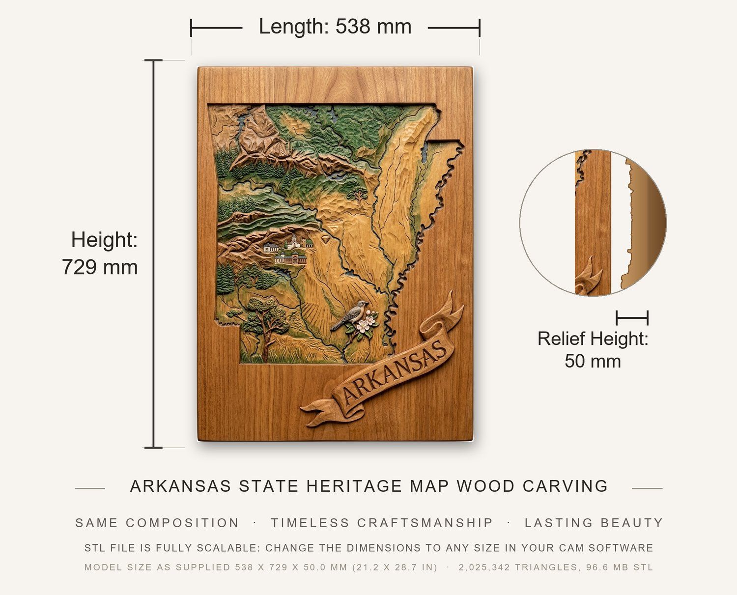 Arkansas State Heritage Map Wood Carving CNC Relief STL bas-relief STL — view 3