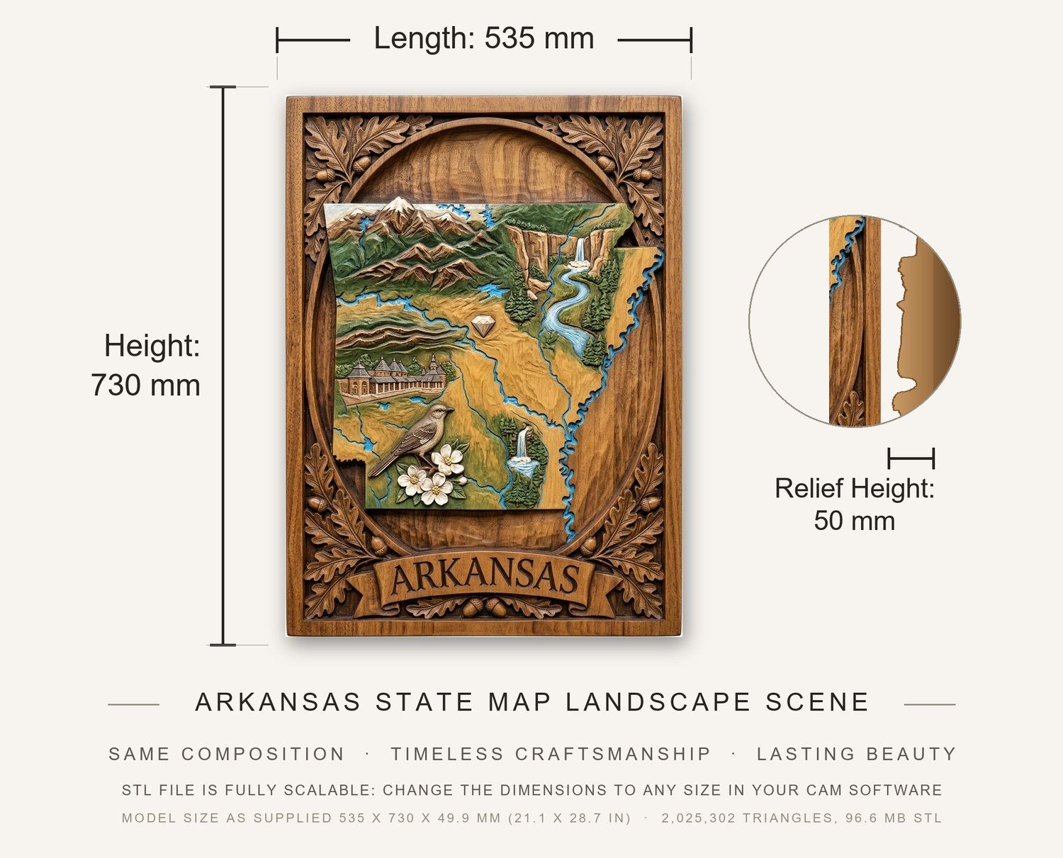 Arkansas State Map Landscape Scene CNC Relief STL bas-relief STL — view 3