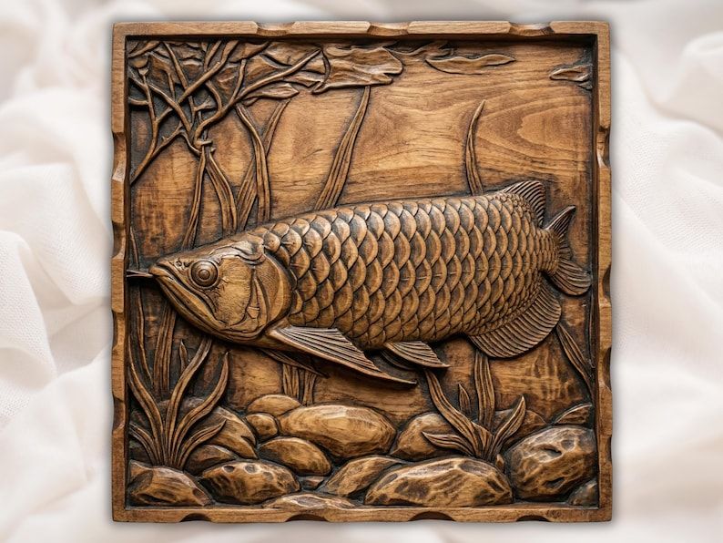 Carved wood bas-relief of an arowana fish swimming over river stones with reeds and branches behind it.