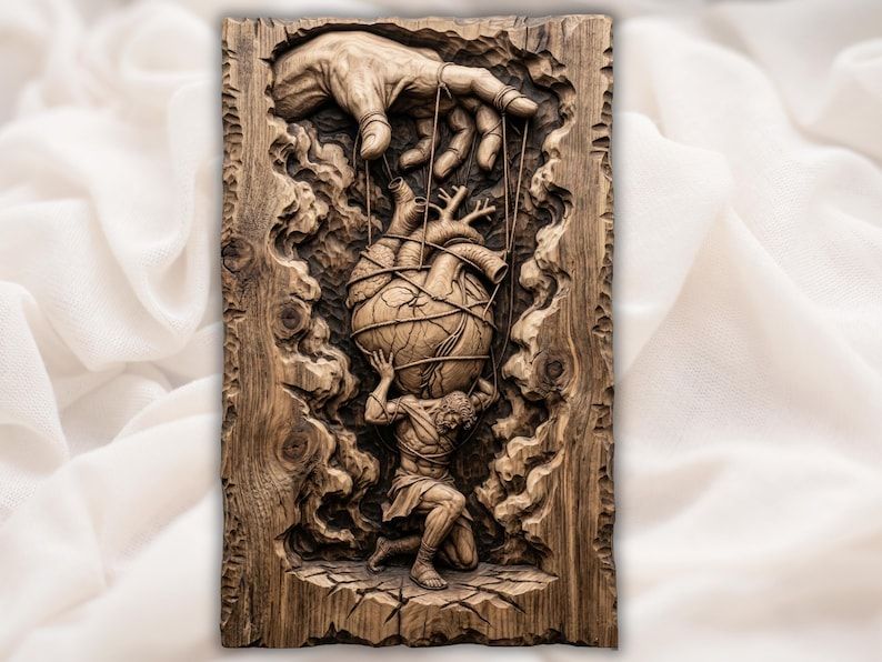 Bas-relief carving of a giant hand pulling marionette strings on a kneeling figure holding a bound heart