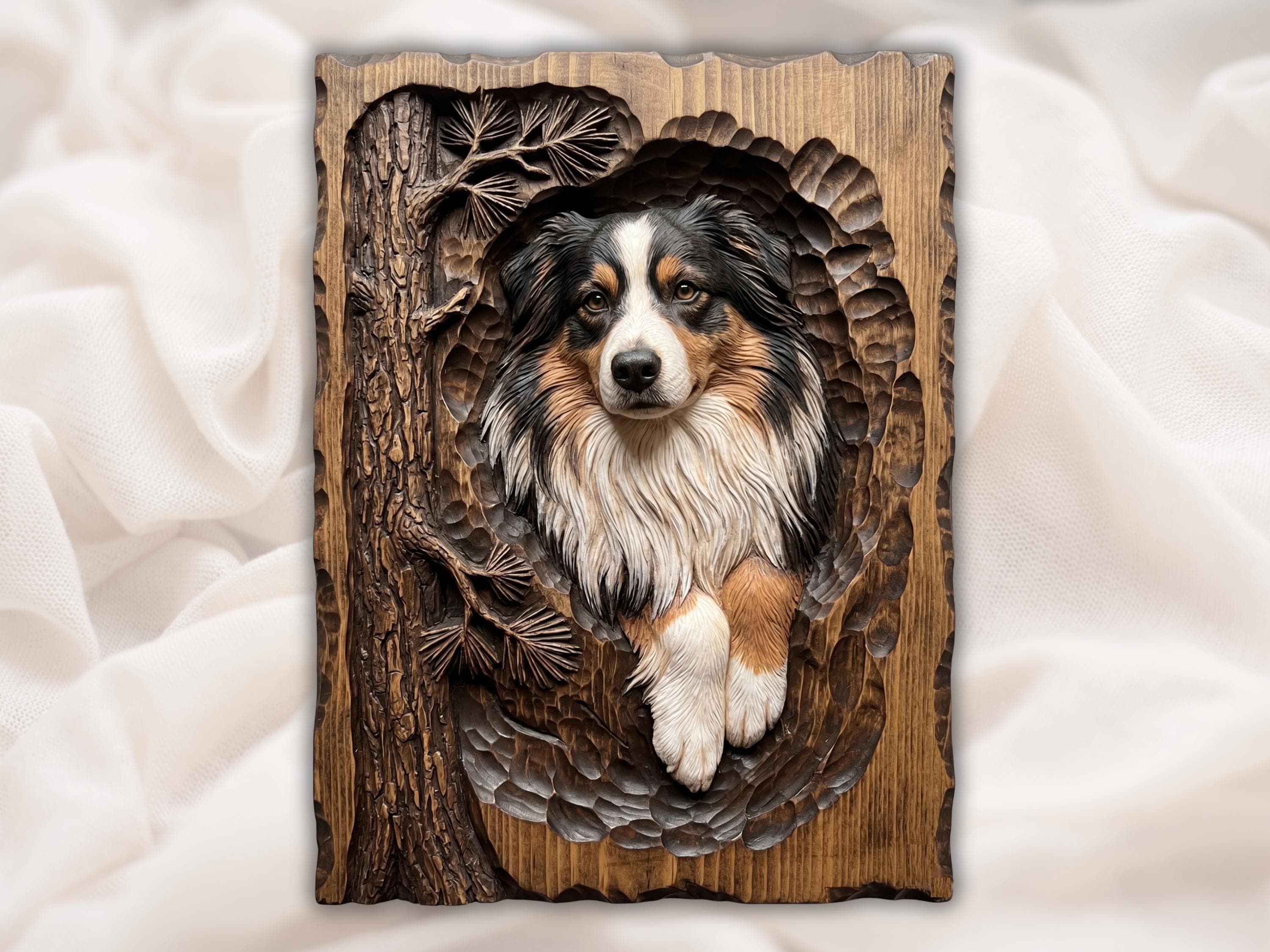 Carved wood bas-relief of a tri-color Australian Shepherd dog framed by pine branches and bark