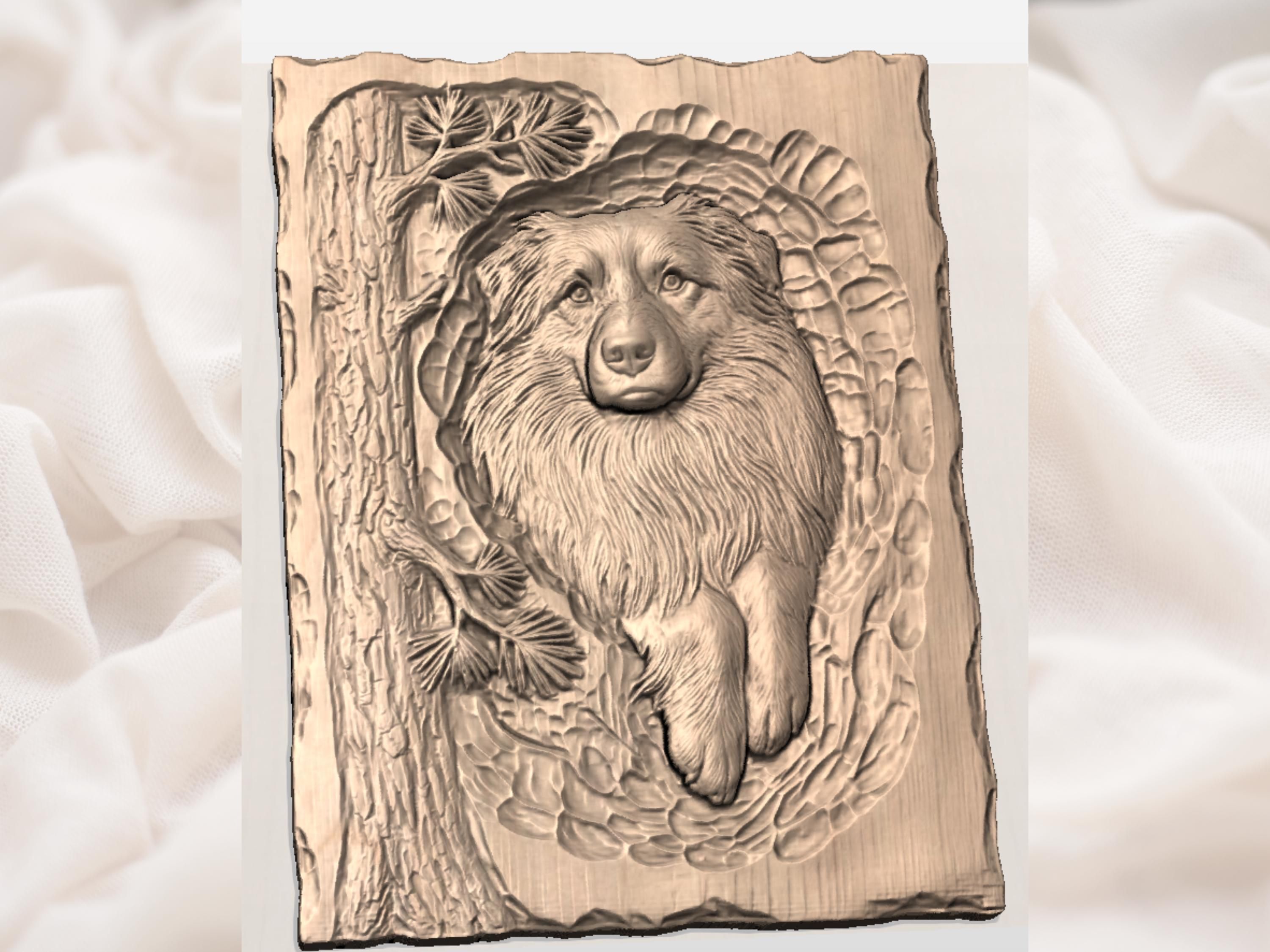 Australian Shepherd Peeking Through Pine Woodland Bas-Relief STL bas-relief STL — view 2