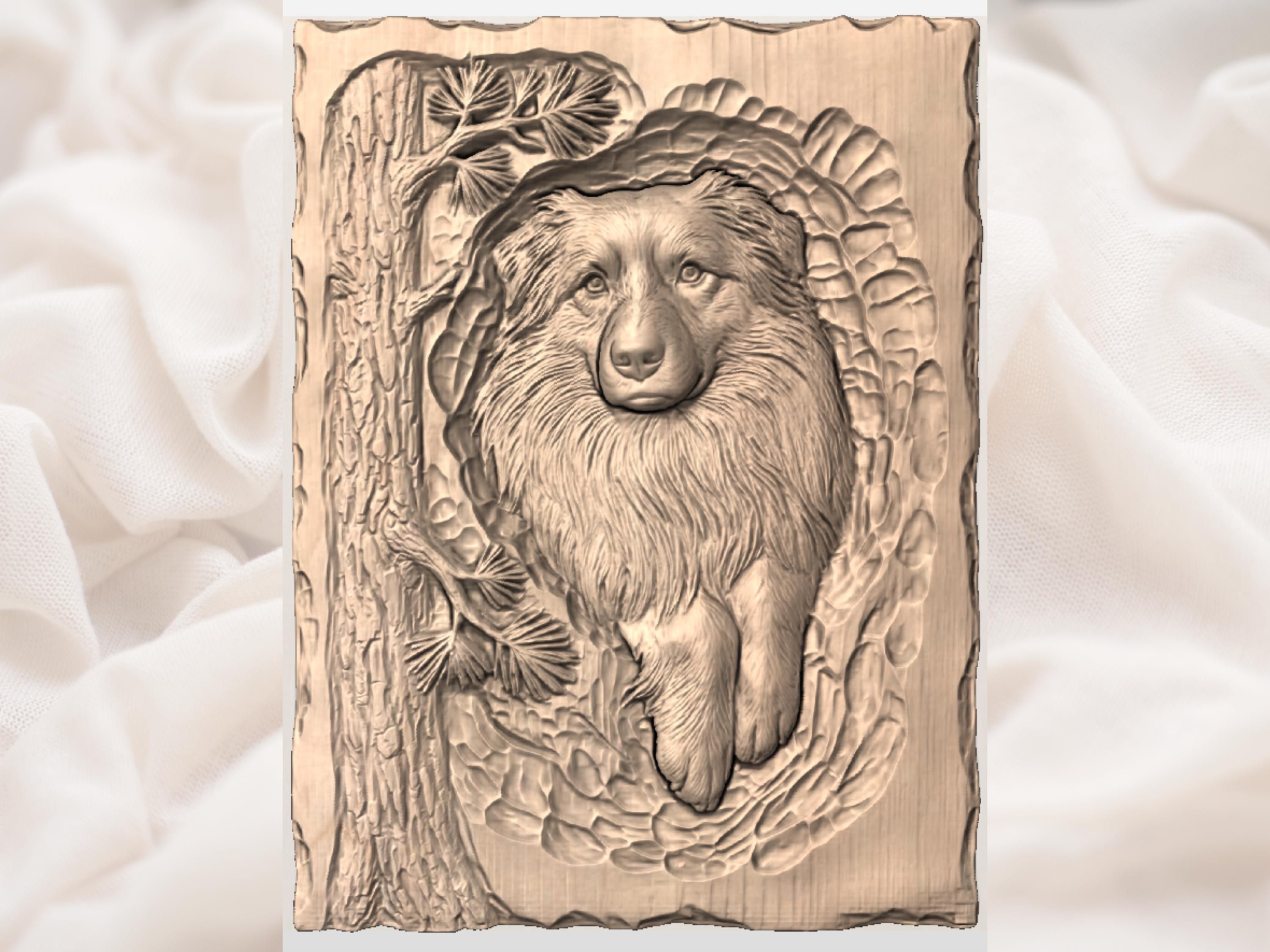 Australian Shepherd Peeking Through Pine Woodland Bas-Relief STL bas-relief STL — view 3