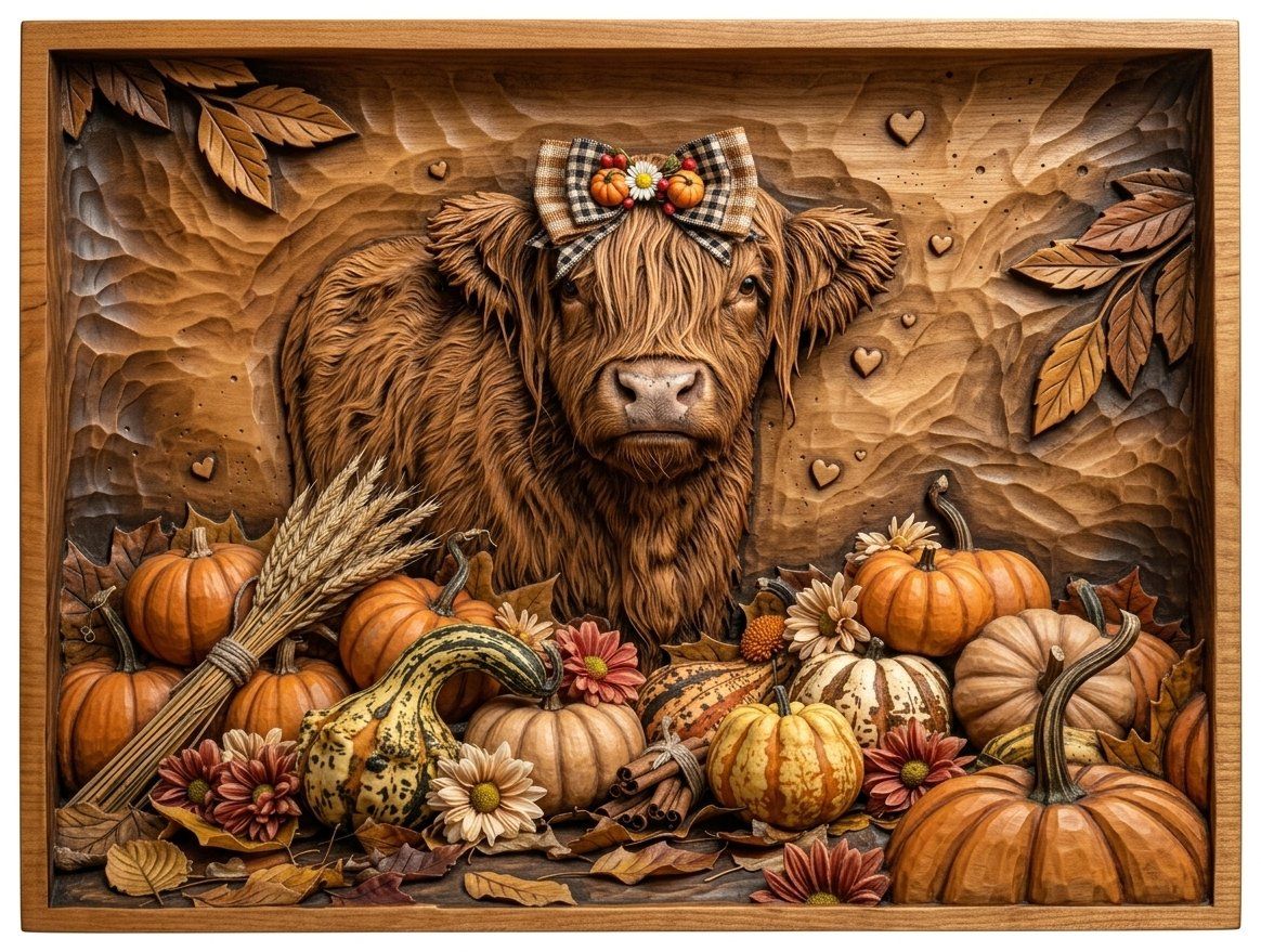 Autumn Highland Cow Harvest Scene CNC Relief STL bas-relief STL — view 13