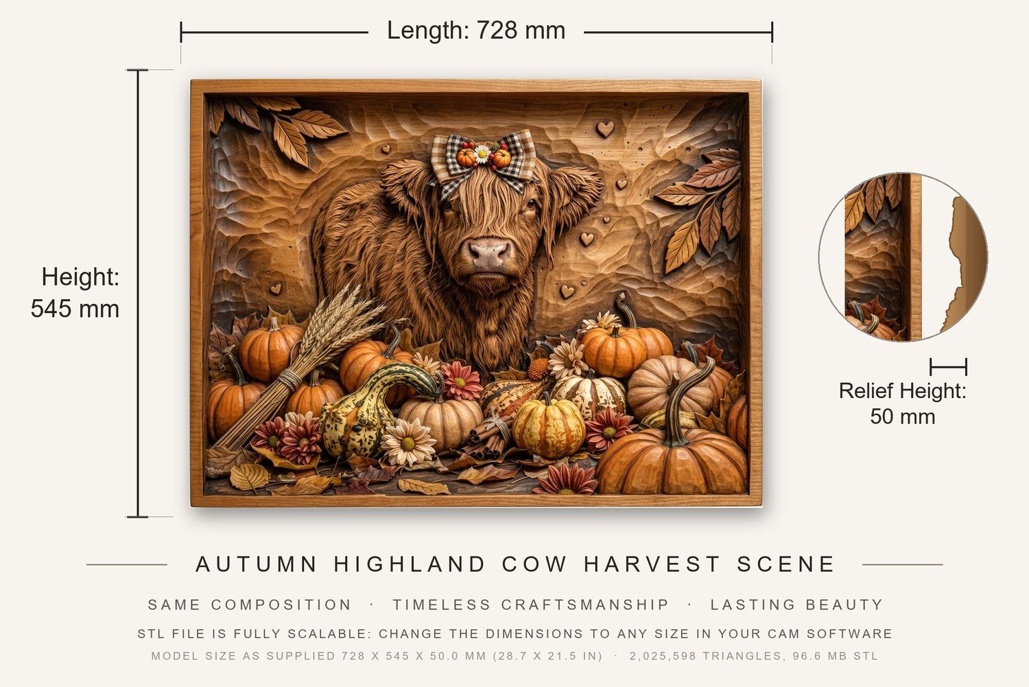 Autumn Highland Cow Harvest Scene CNC Relief STL bas-relief STL — view 3