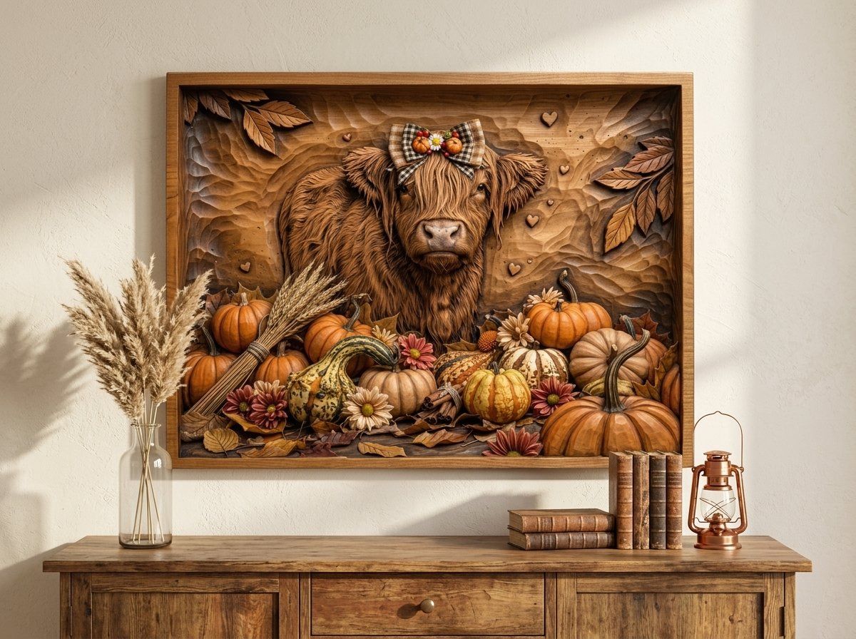 Autumn Highland Cow Harvest Scene CNC Relief STL bas-relief STL — view 14