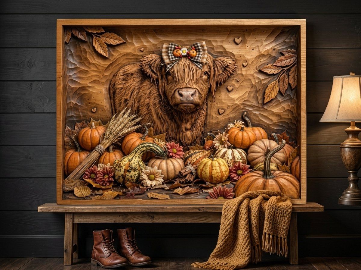 Autumn Highland Cow Harvest Scene CNC Relief STL bas-relief STL — view 15