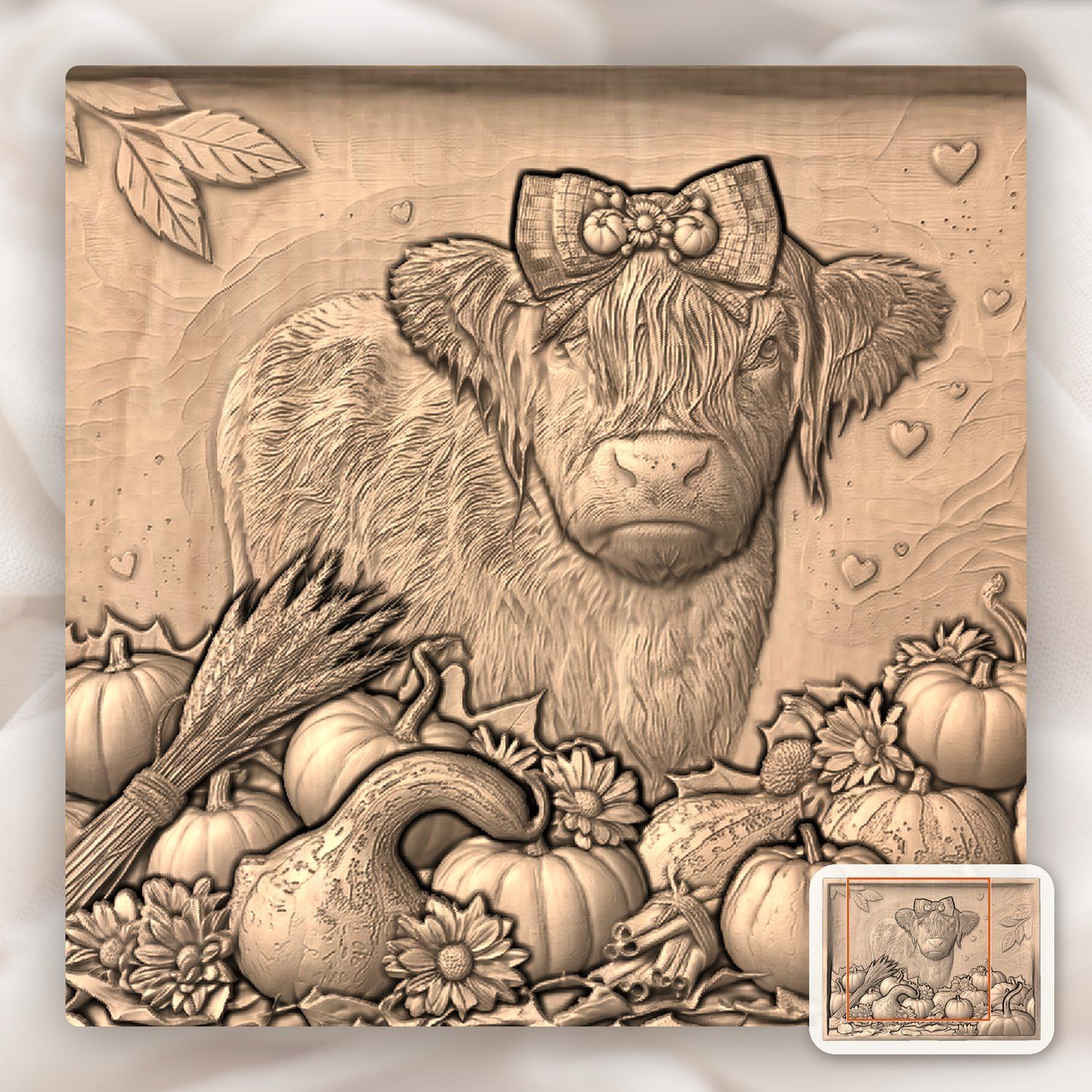 Autumn Highland Cow Harvest Scene CNC Relief STL bas-relief STL — view 8