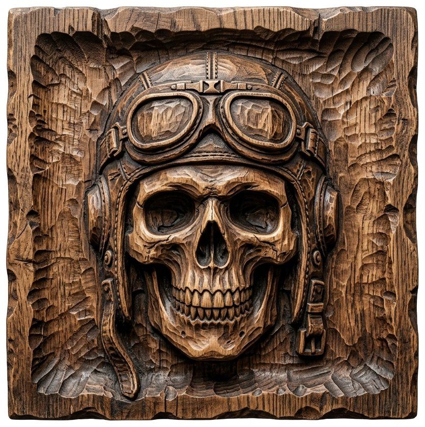 Aviator Skull Wood Carving Design | Pilot Helmet Wall Art Panel | Vintage Flight Decor | Military Man Cave Relief — carved bas relief STL file for CNC