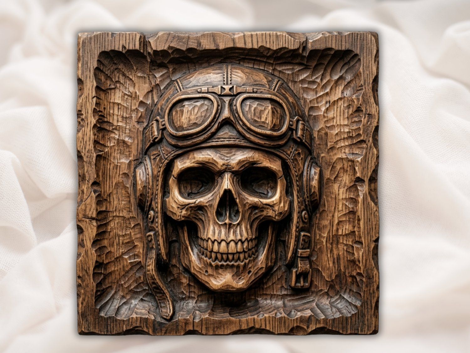 Aviator Skull Wood Carving Design bas-relief STL — view 2