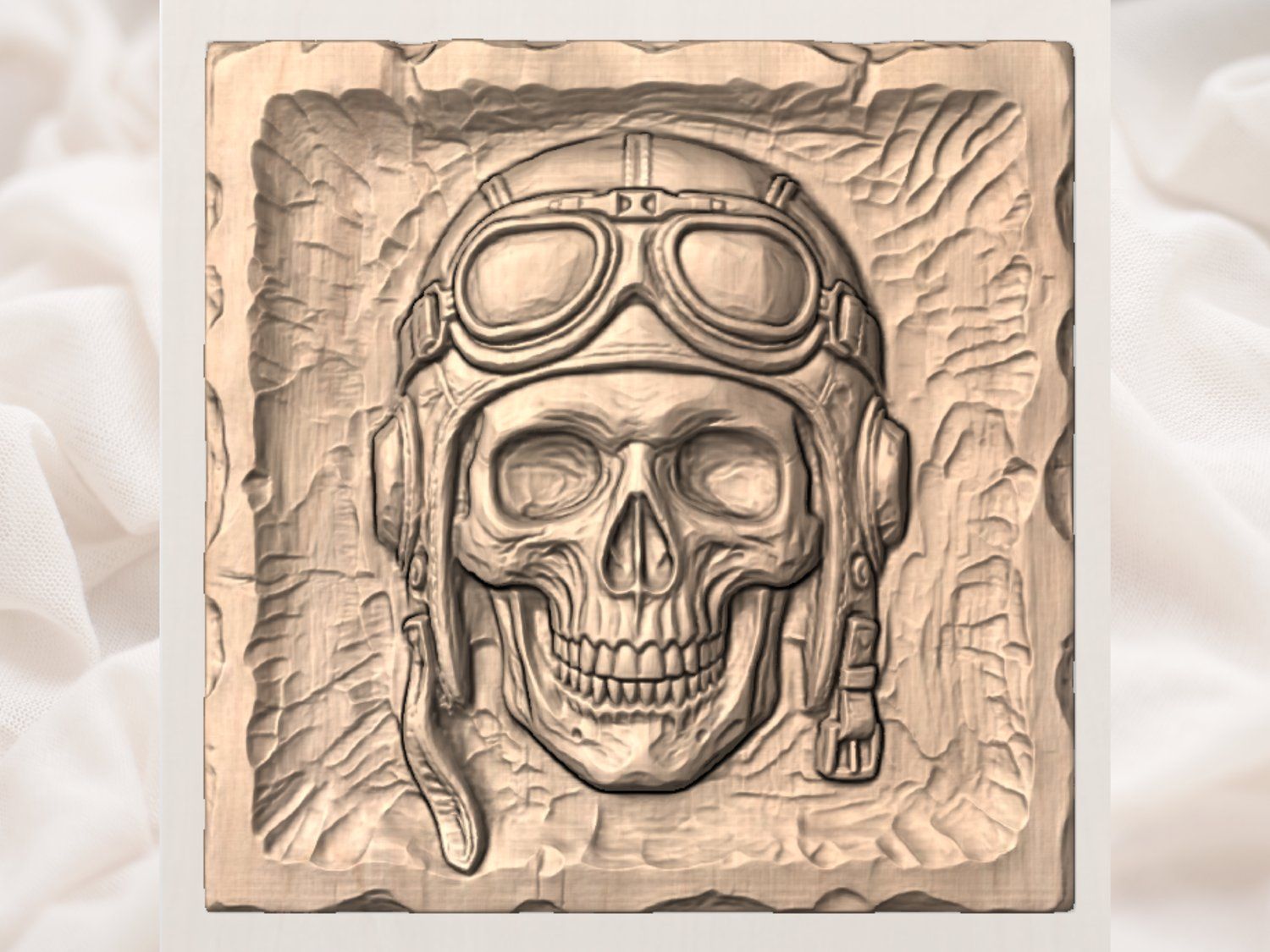 Aviator Skull Wood Carving Design bas-relief STL — view 3