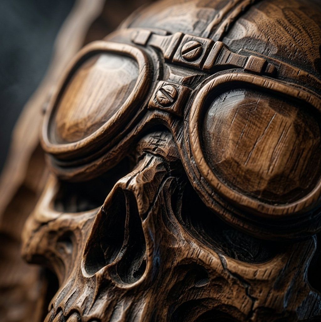 Aviator Skull Wood Carving Design bas-relief STL — view 5