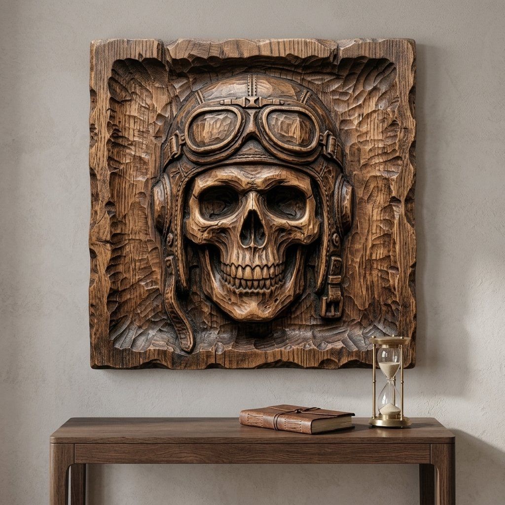Aviator Skull Wood Carving Design bas-relief STL — view 6