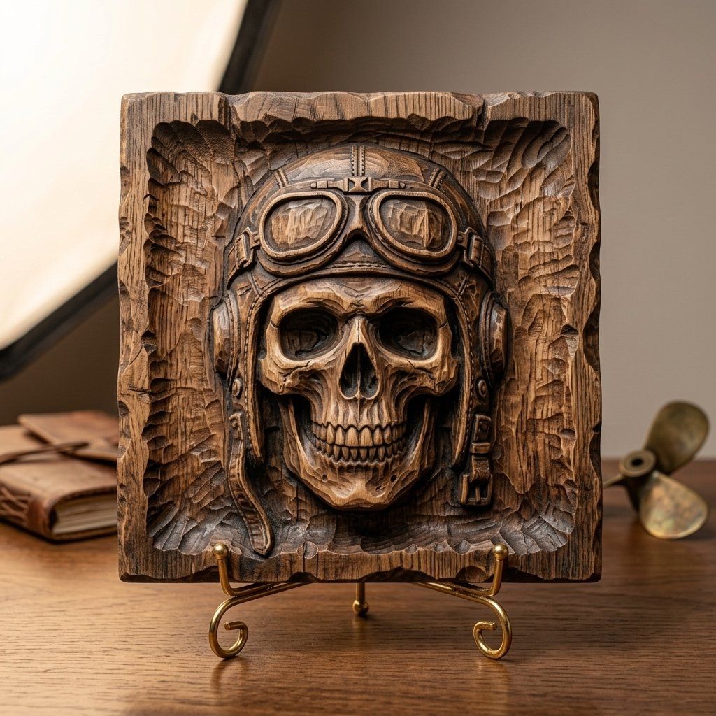 Aviator Skull Wood Carving Design bas-relief STL — view 7