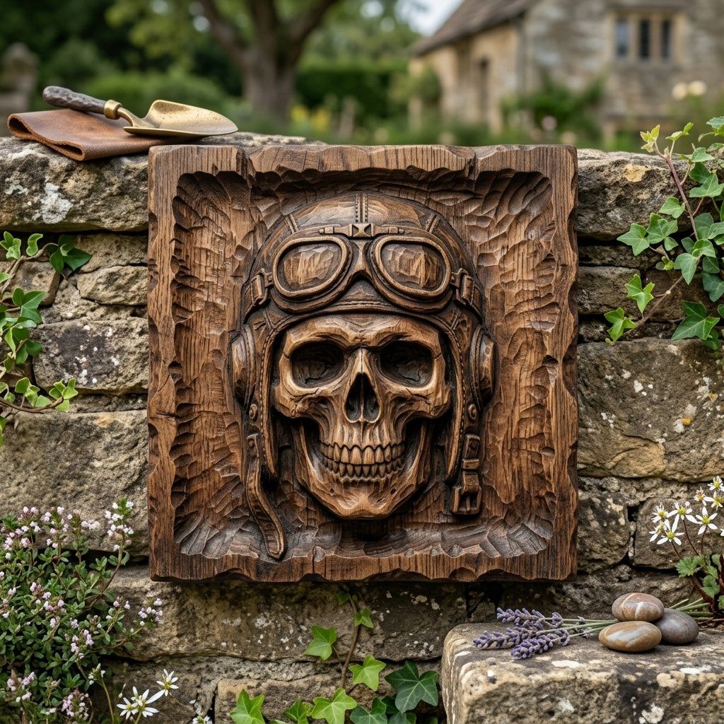 Aviator Skull Wood Carving Design bas-relief STL — view 8
