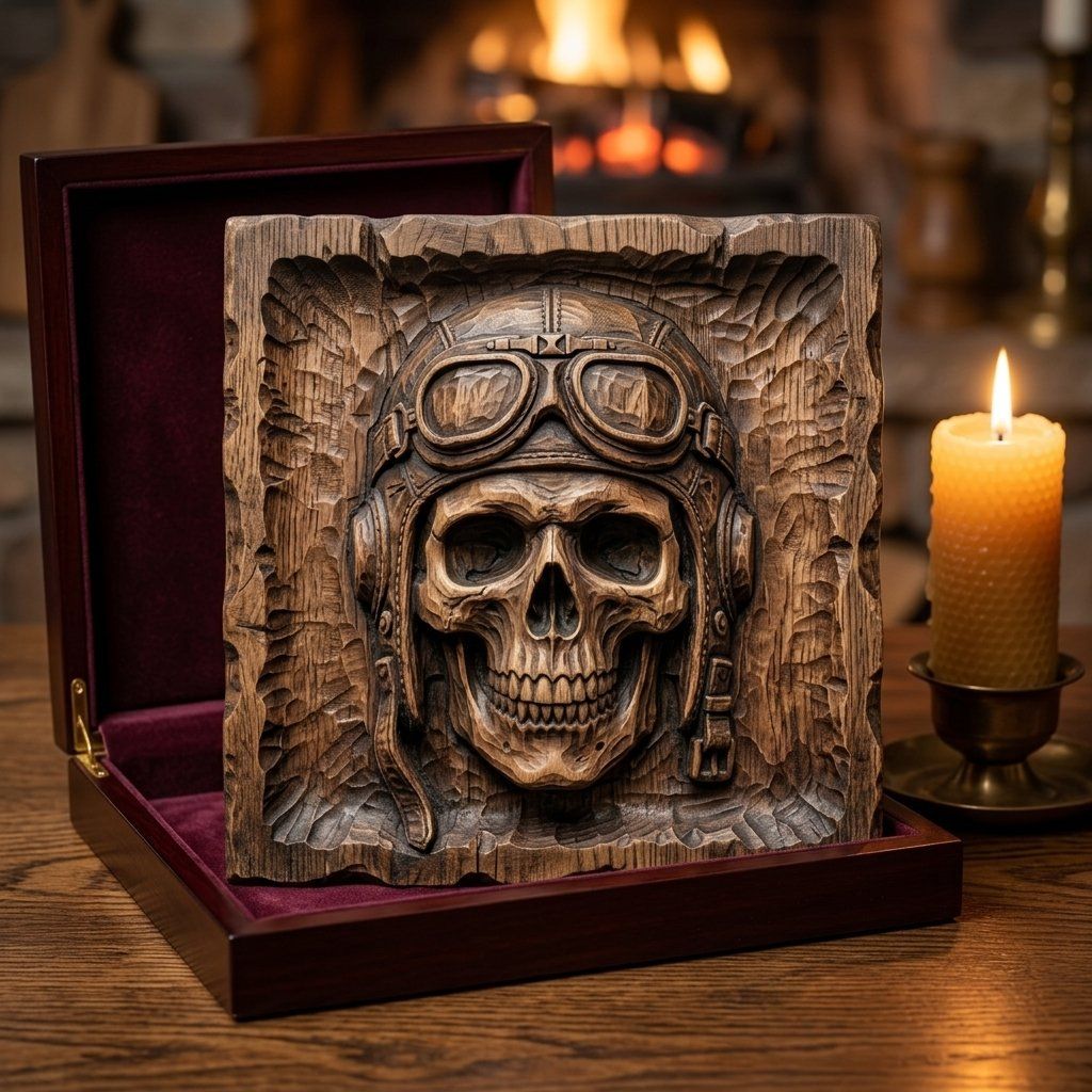 Aviator Skull Wood Carving Design bas-relief STL — view 9