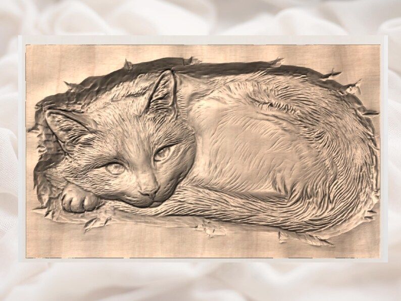 Resting Cat Bas-Relief STL, Curled Kitty with Open Eyes bas-relief STL — view 2