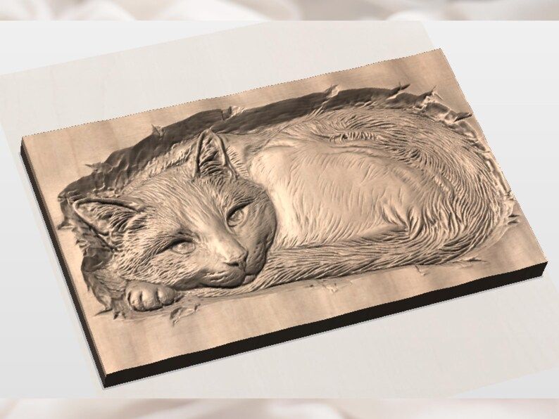 Resting Cat Bas-Relief STL, Curled Kitty with Open Eyes bas-relief STL — view 3