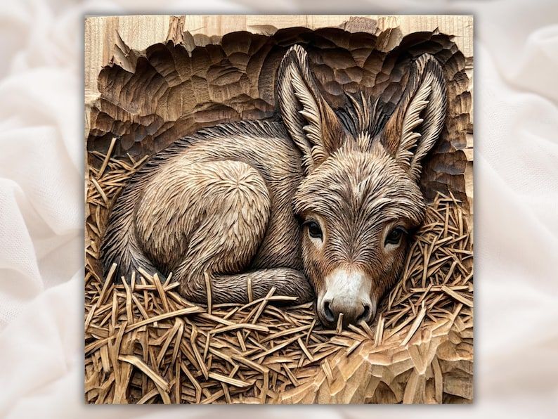 Bas-relief wood carving of a baby donkey foal sleeping curled up on a bed of straw