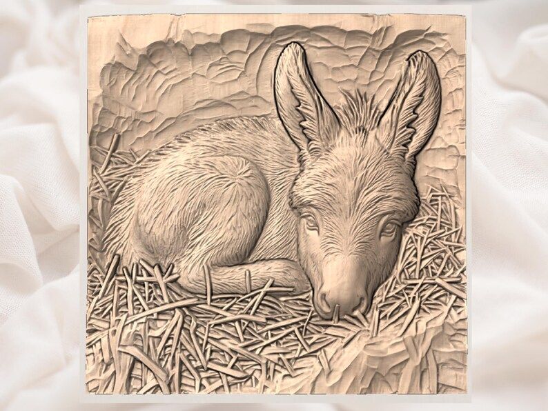 Sleeping Baby Donkey Resting on Straw Bas-Relief STL bas-relief STL — view 2