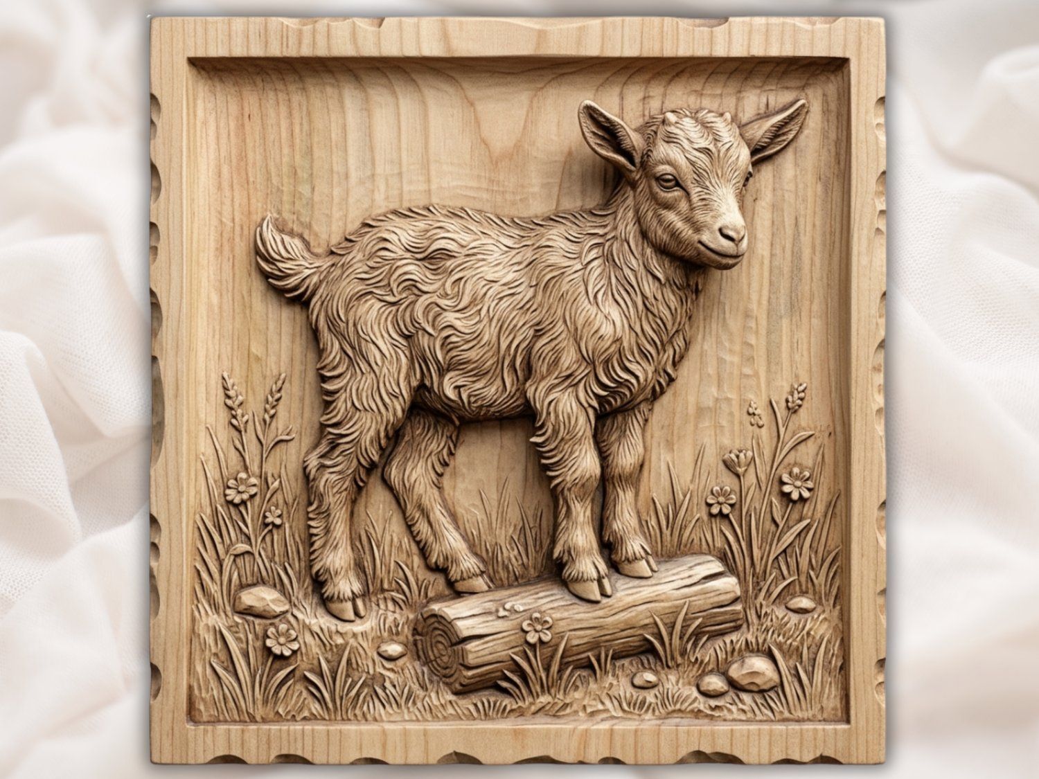 Baby Goat Kid on Log CNC Relief STL bas-relief STL — view 2