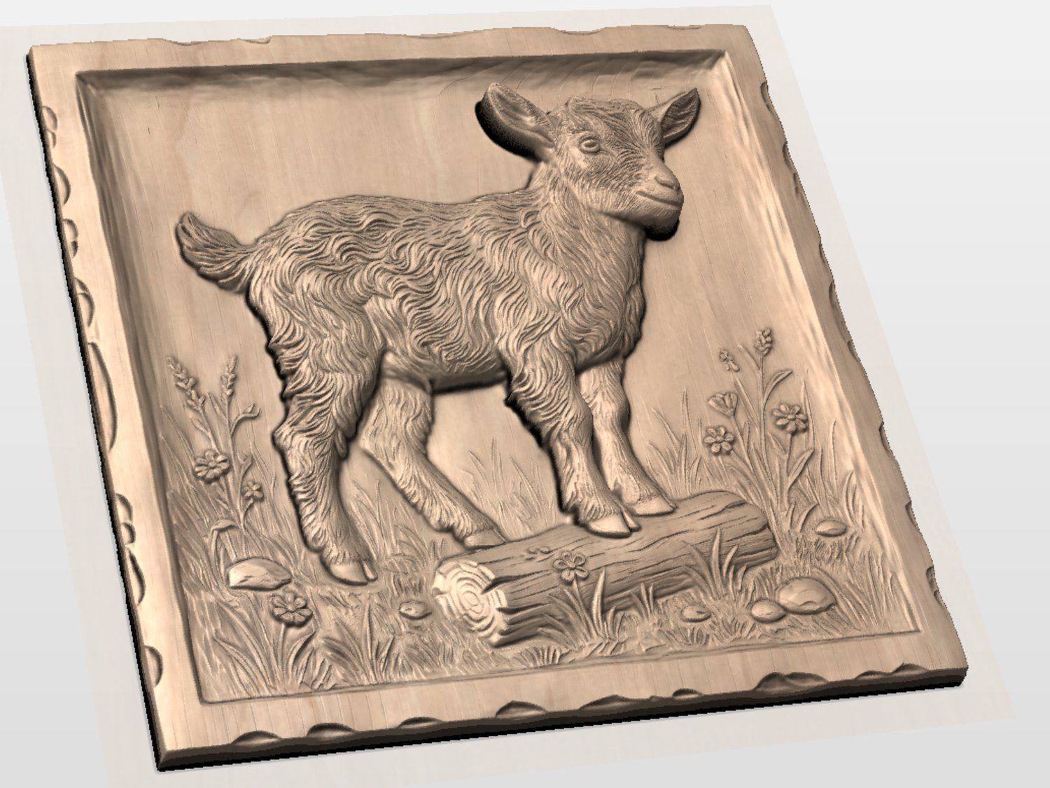 Baby Goat Kid on Log CNC Relief STL bas-relief STL — view 3