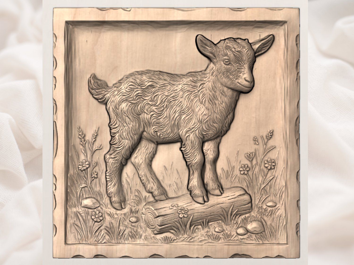 Baby Goat Kid on Log CNC Relief STL bas-relief STL — view 4