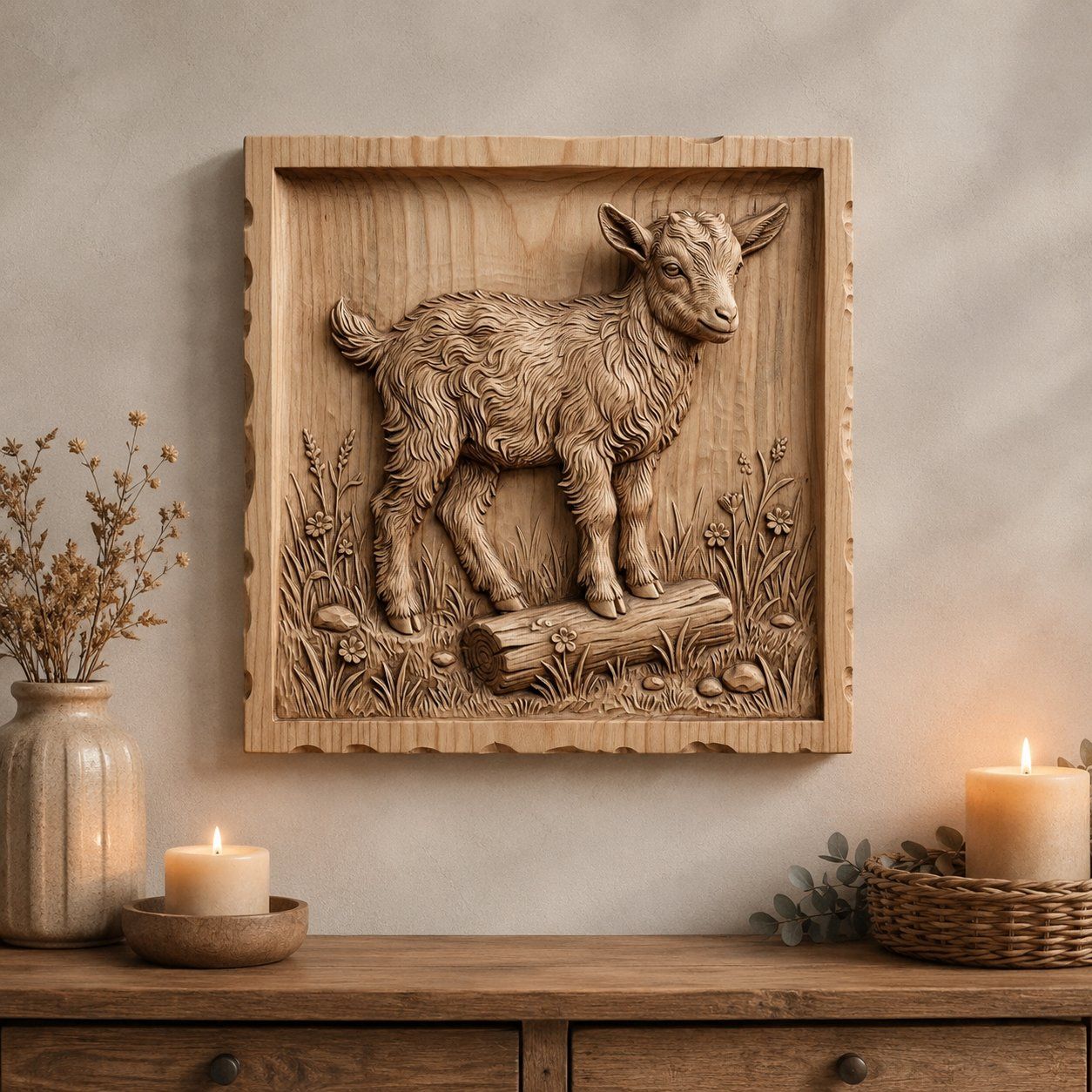 Baby Goat Kid on Log CNC Relief STL bas-relief STL — view 5