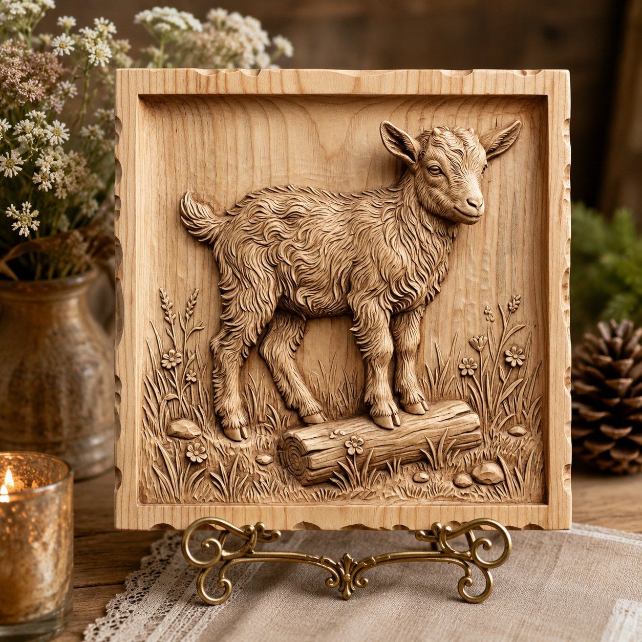 Baby Goat Kid on Log CNC Relief STL bas-relief STL — view 6