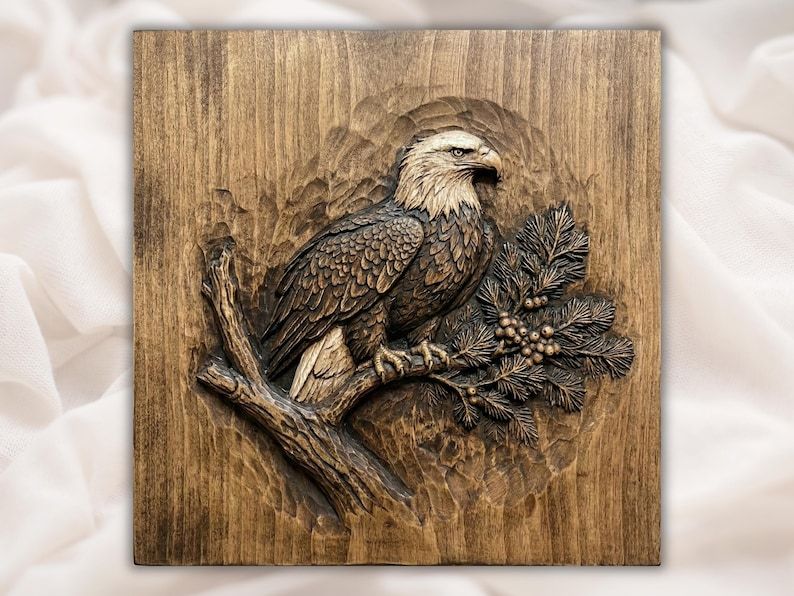 Bas-relief wood carving of a bald eagle perched on a branch beside a pine sprig with berries.