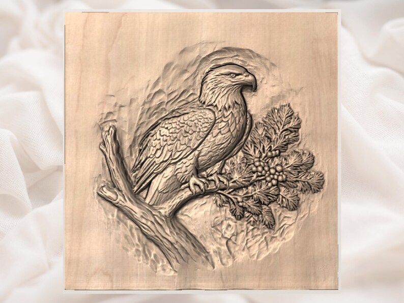 Bald Eagle Perched on a Pine Branch Bas-Relief STL bas-relief STL — view 2