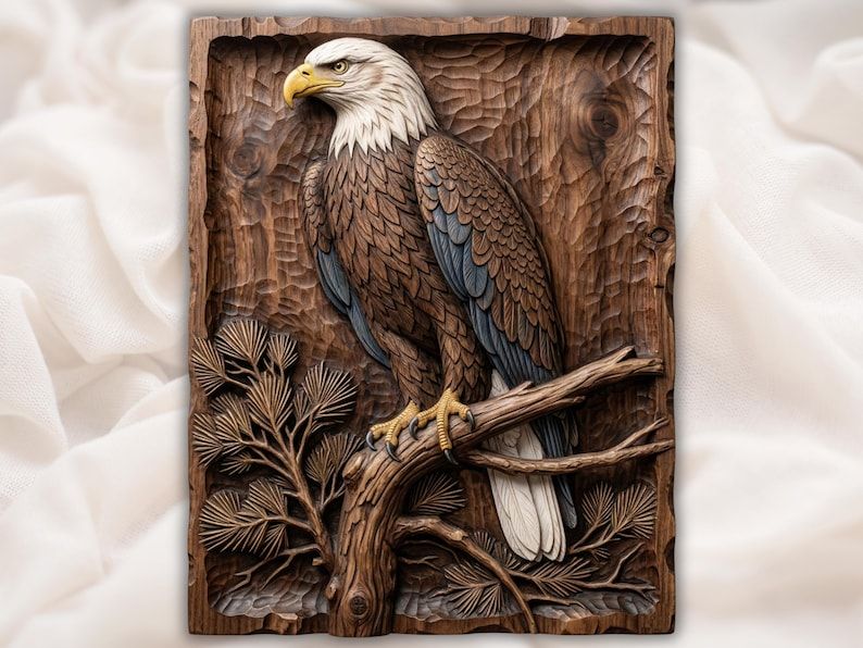 Carved wood bas-relief of a bald eagle perched on a pine branch with detailed feathers and white head