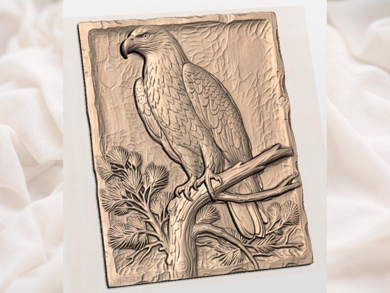 Bald Eagle Perched on Pine Branch Bas-Relief STL bas-relief STL — view 2