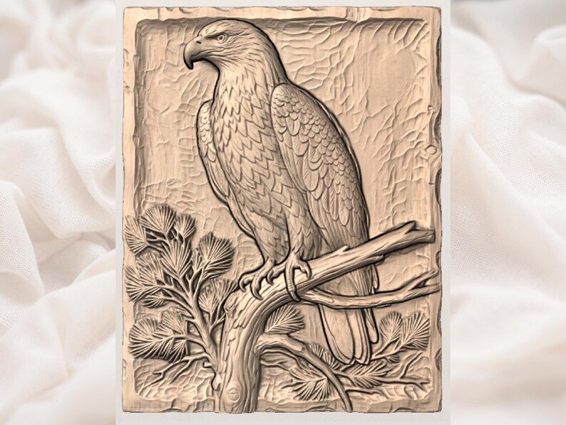 Bald Eagle Perched on Pine Branch Bas-Relief STL bas-relief STL — view 3