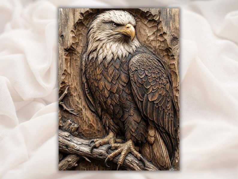 Bas-relief wood carving of a bald eagle perched on a branch against a cracked wood background
