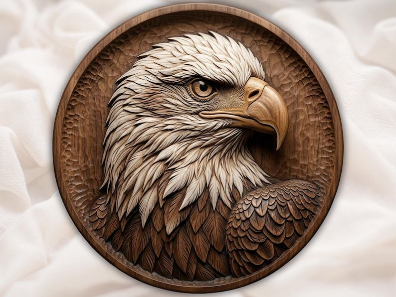 Round wood bas-relief carving of a bald eagle head with detailed feathers and a sharp hooked beak.