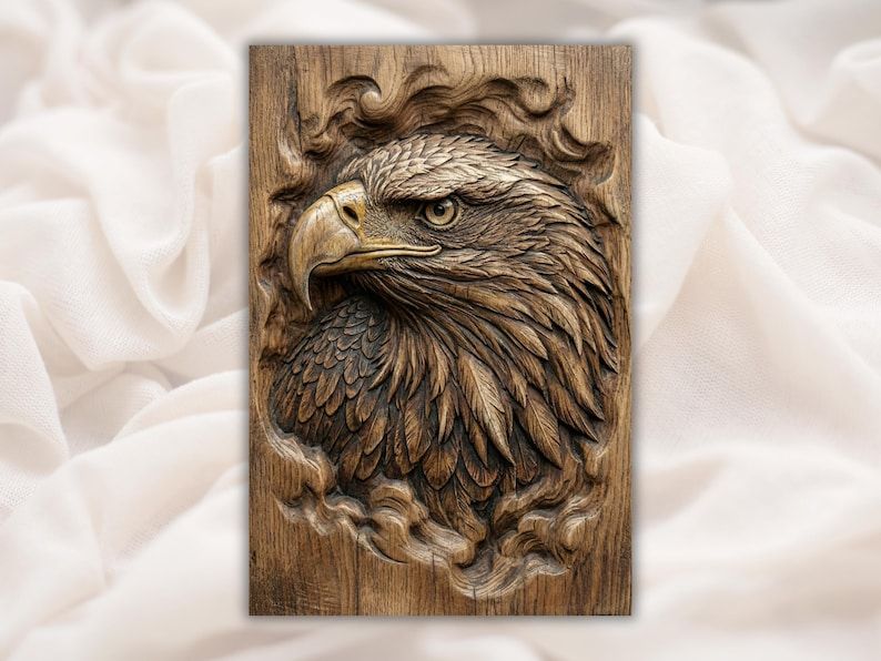 Carved bald eagle head bas-relief on a wood panel with layered feathers and flowing grain texture