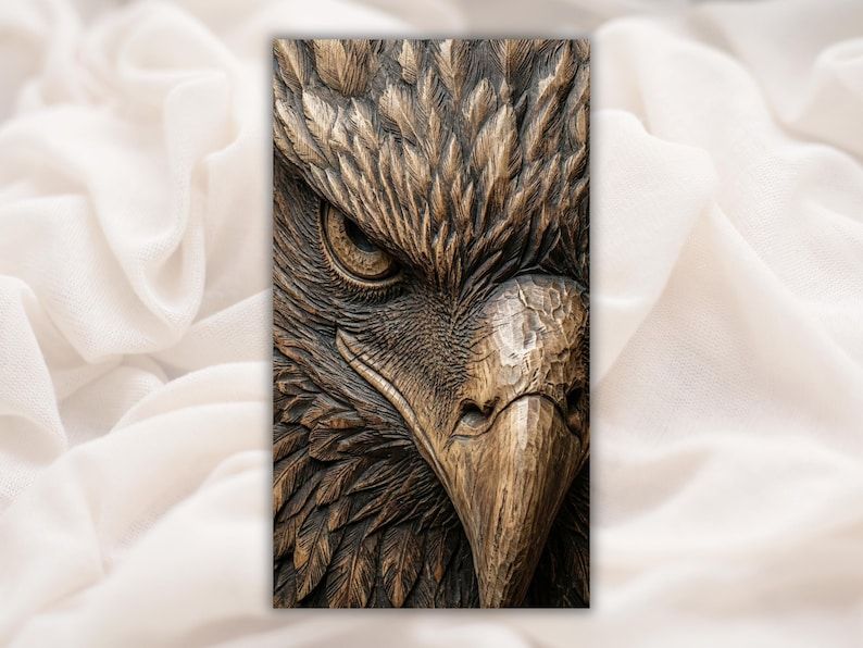 Carved wooden bas-relief of a bald eagle face close-up with detailed feathers, sharp eye, and hooked beak.