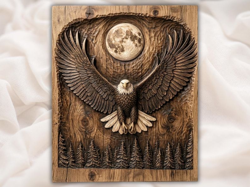 Bas-relief wood carving of a bald eagle with wings spread flying below a full moon above a pine forest