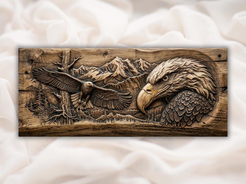 Carved wood bas-relief of a bald eagle head beside a soaring eagle over mountains and pine trees