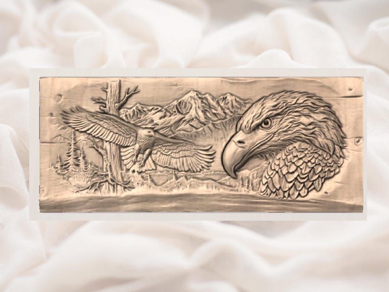 Bald Eagle Mountain Scene Bas-Relief STL with Soaring Eagle bas-relief STL — view 2