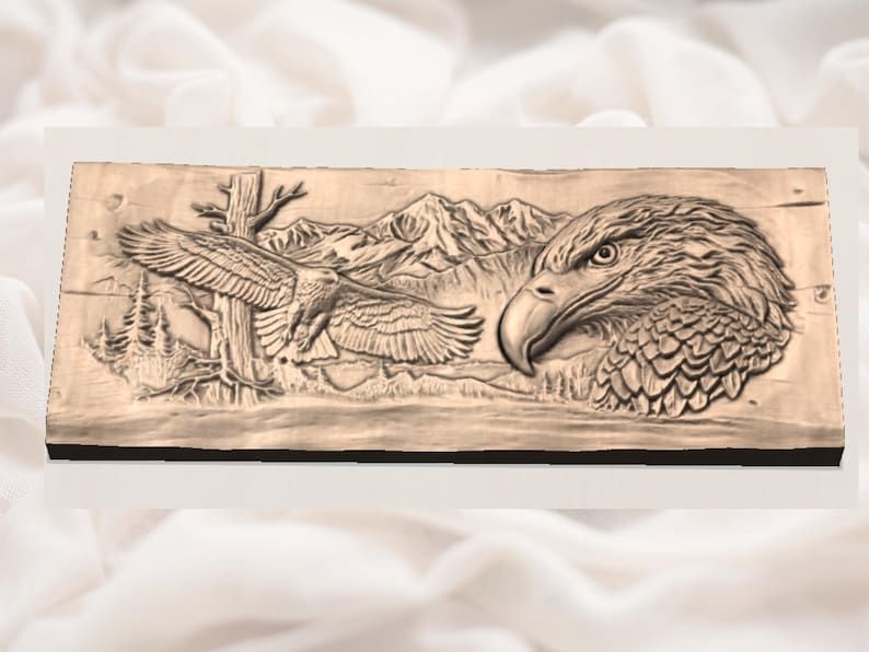 Bald Eagle Mountain Scene Bas-Relief STL with Soaring Eagle bas-relief STL — view 3