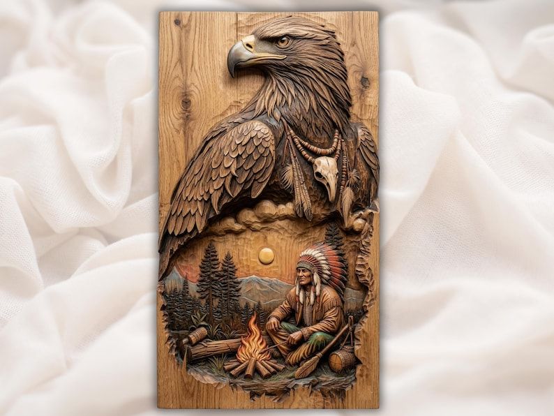 Carved wood relief of a bald eagle above a Native American elder seated by a campfire with pine trees and mountains