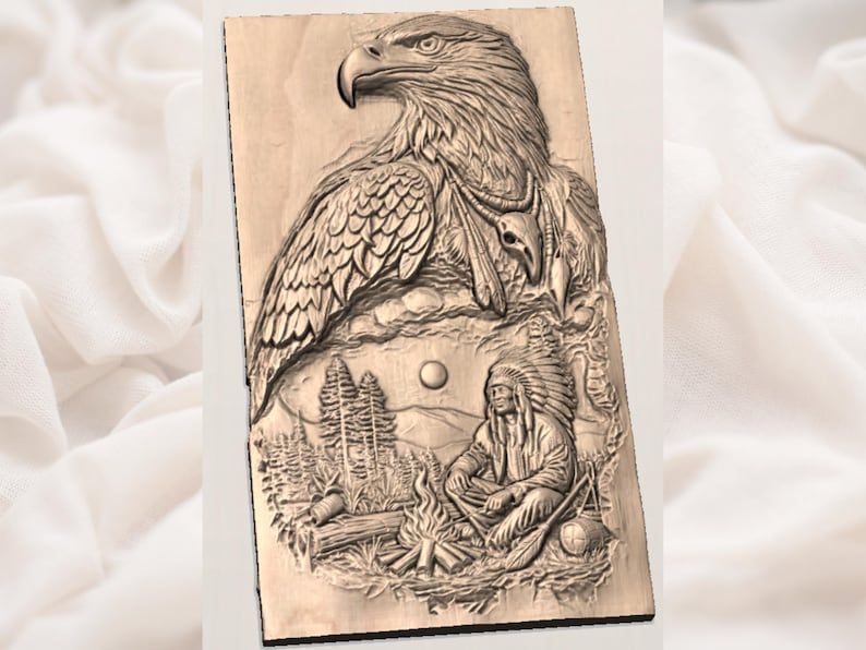 Bald Eagle and Campfire Elder Bas-Relief Carving STL bas-relief STL — view 2