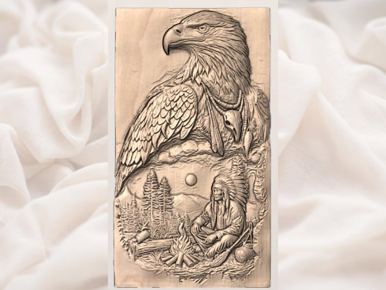 Bald Eagle and Campfire Elder Bas-Relief Carving STL bas-relief STL — view 3