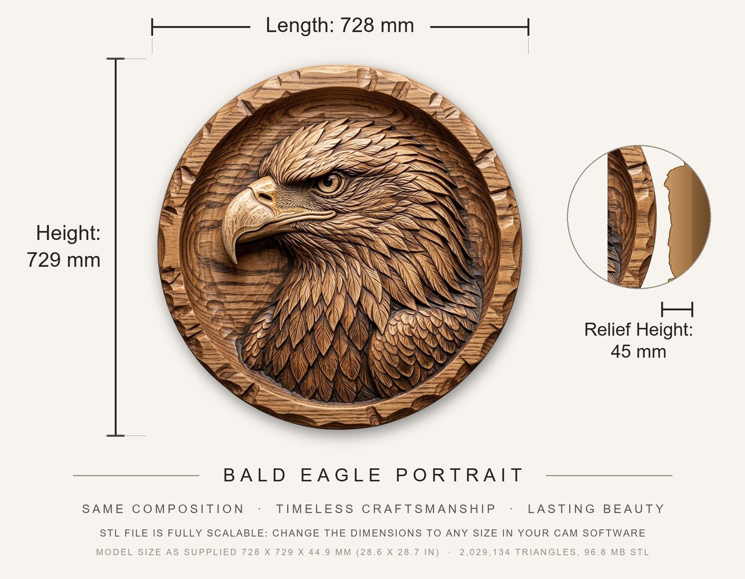 Bald Eagle Portrait CNC Relief STL bas-relief STL — view 3