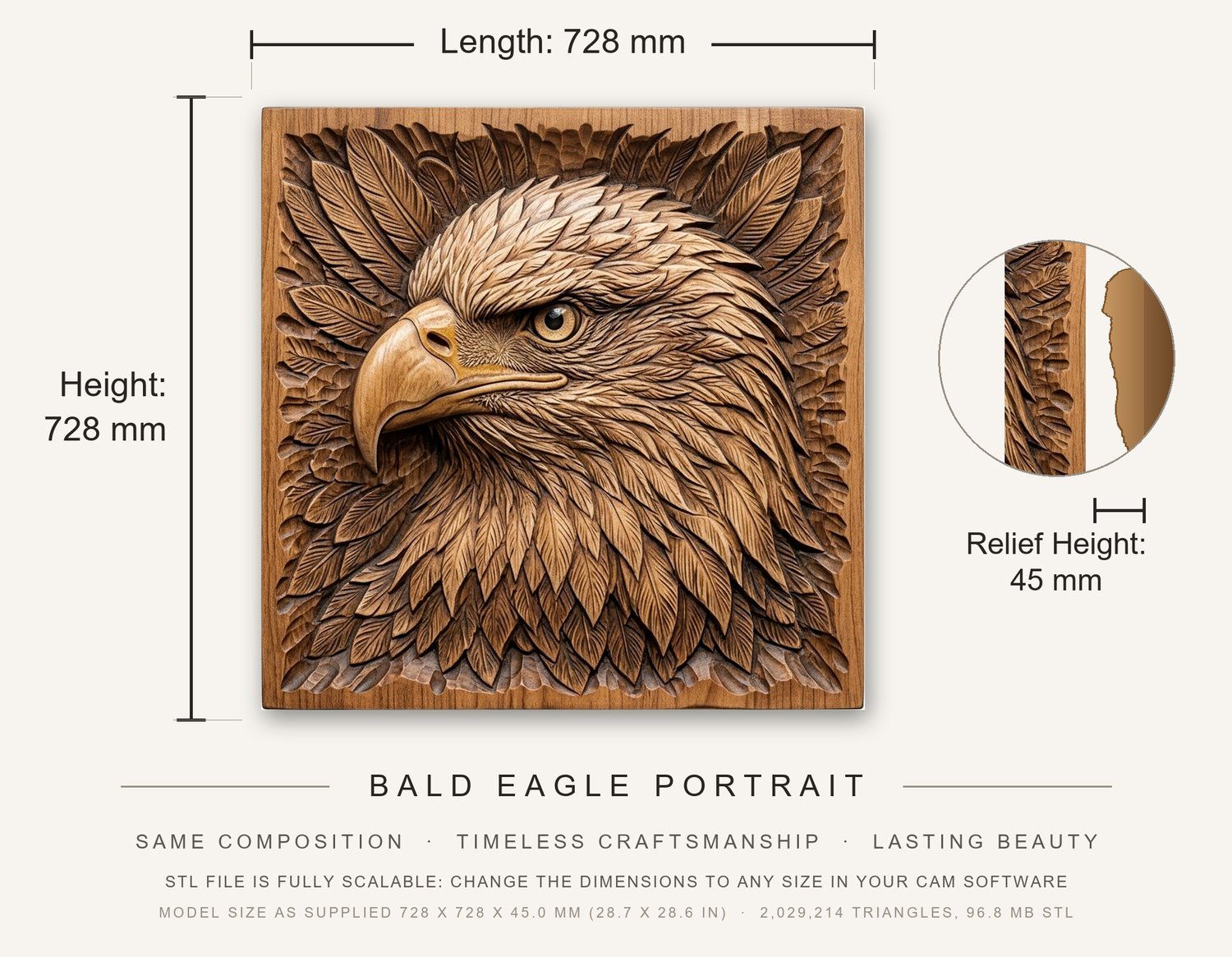 Bald Eagle Portrait CNC Relief STL bas-relief STL — view 3
