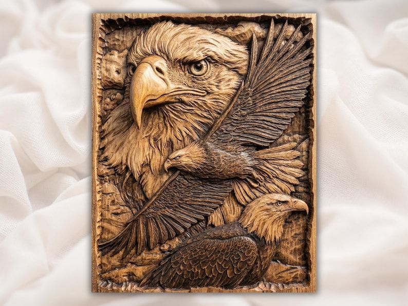 Carved wood bas-relief of a bald eagle head with two more eagles in flight on a rustic panel